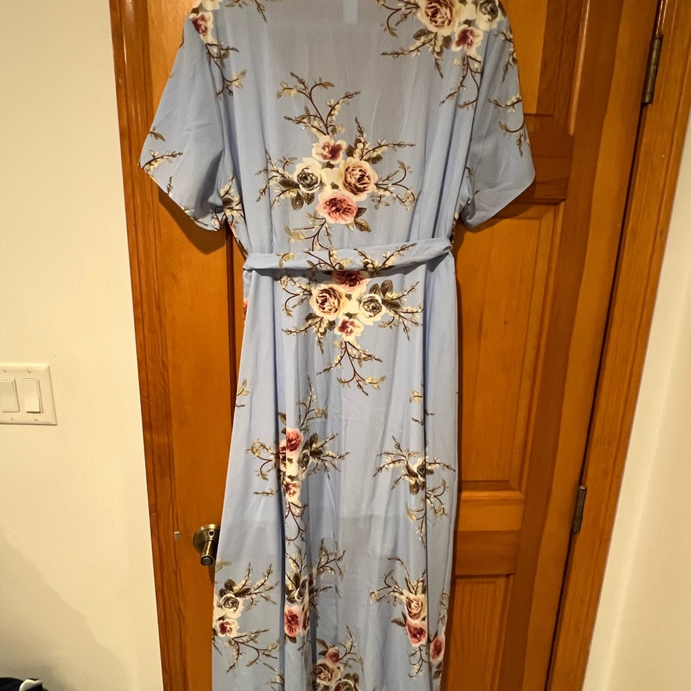 Light Blue Floral Print Maxi Wrap Tie High- Low Dress - Picture 3 of 3